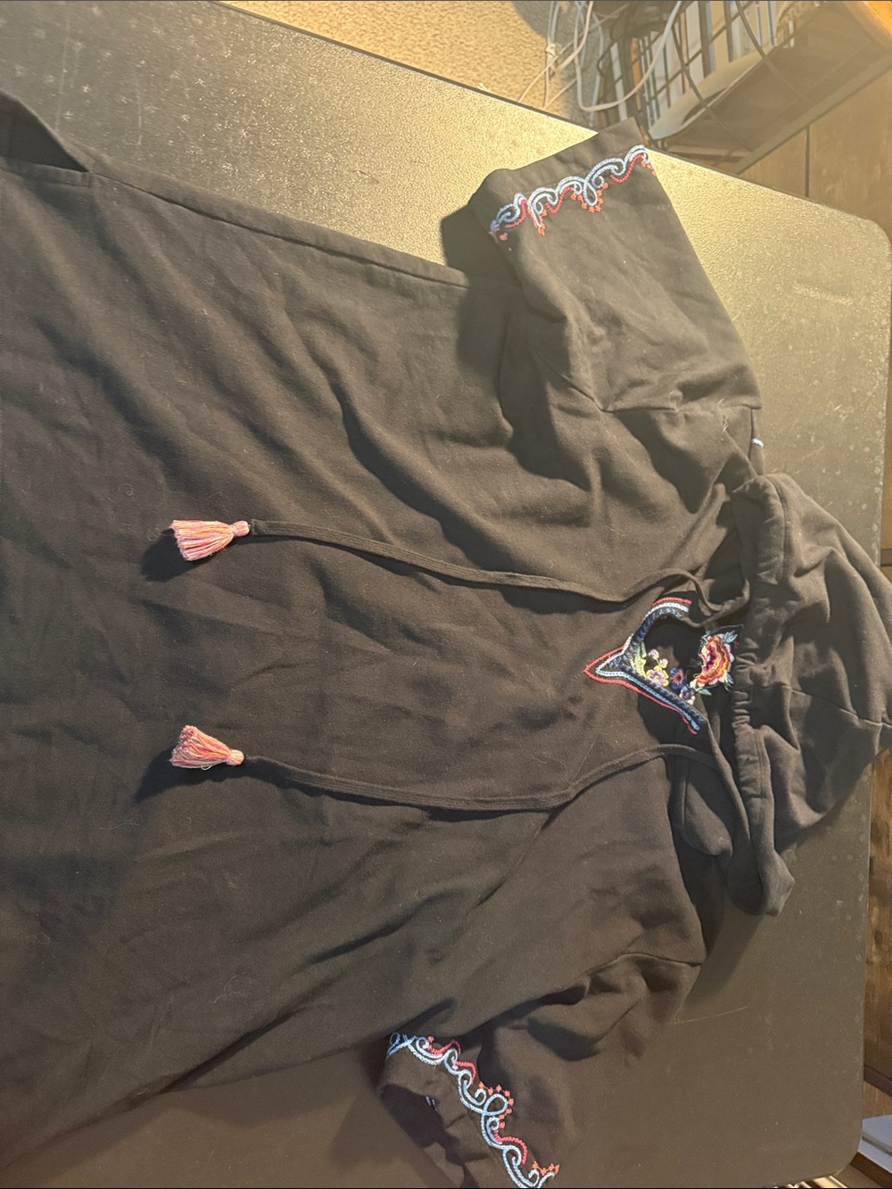 Johnny Was Black Embroidered Hoodie Top with Pink Tassels